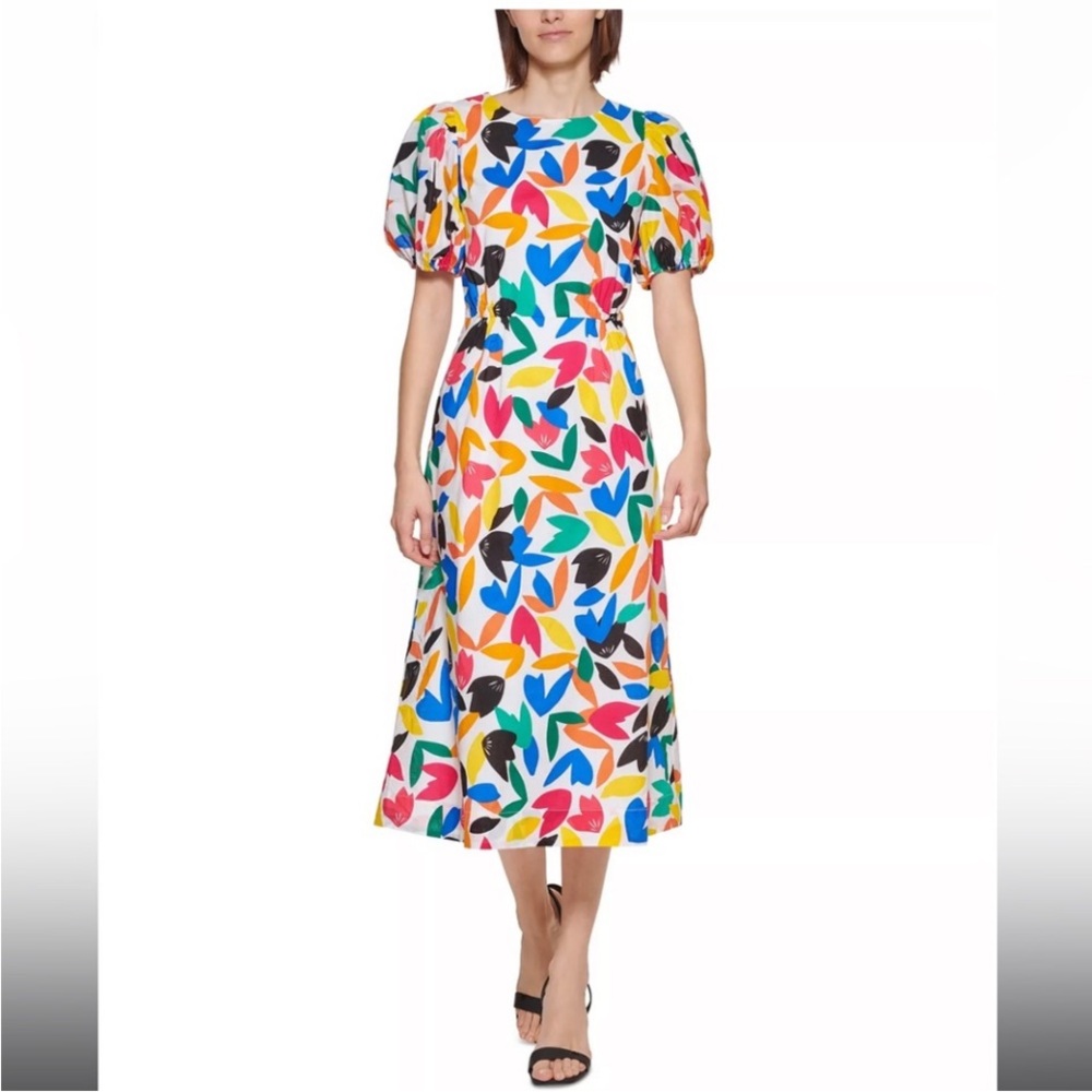 Calvin Klein Printed Multicolor Abstract Puff Sleeve Dress